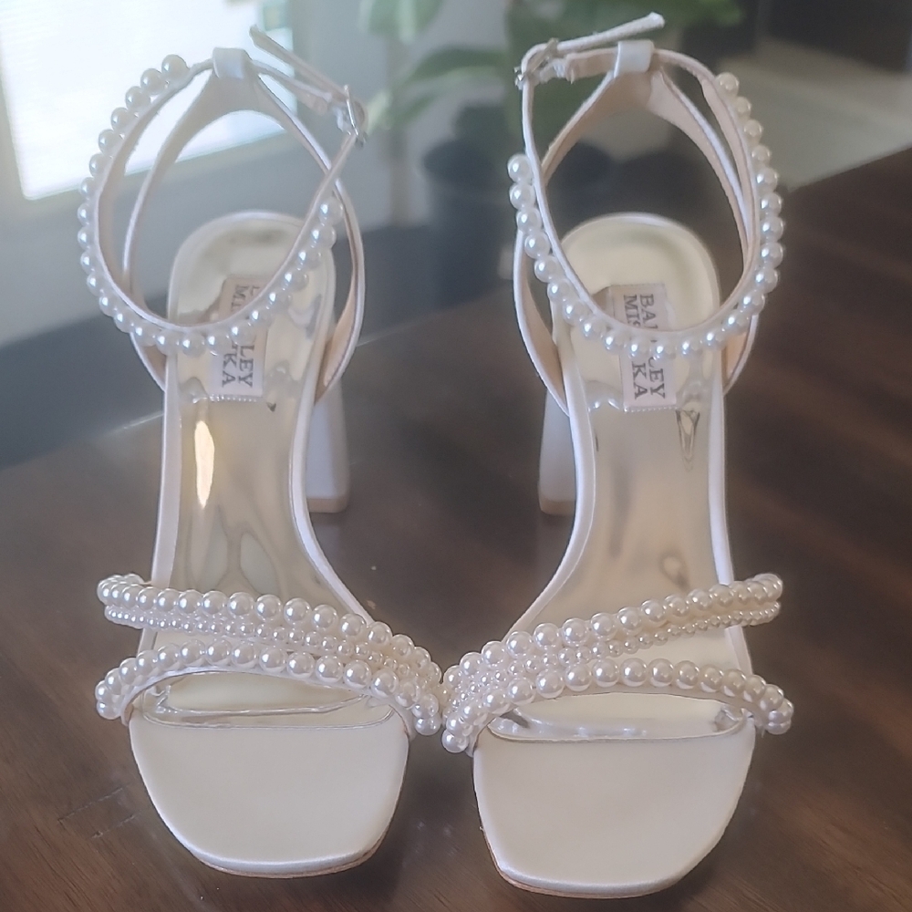 Badgley Mischka Pearl-Embellished Cream Heels